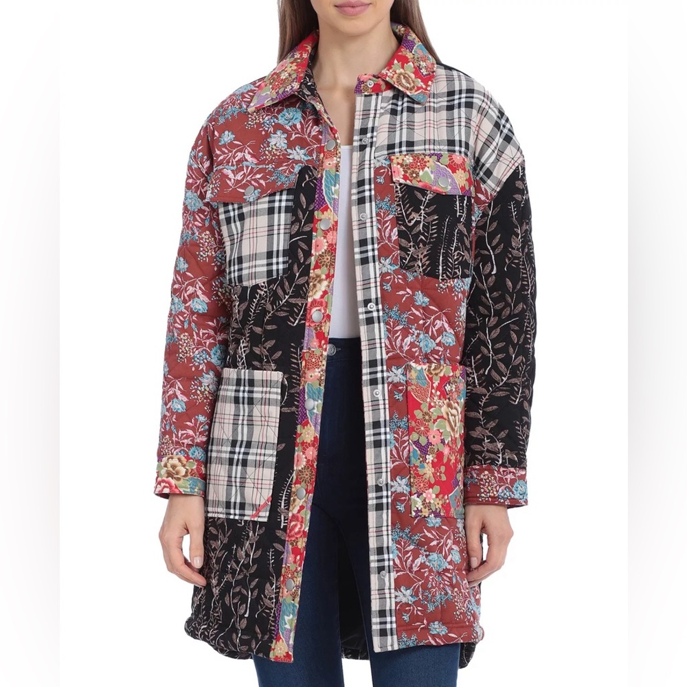 Anthropology AVEC LES FILLES Patchwork Quilted ShirtJacket Sz XS Red Black Multi